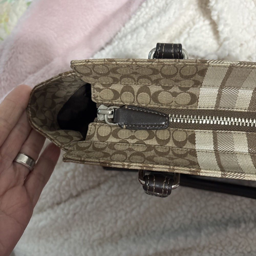 Coach Candace Carry 19915 Signature Stripe Khaki Brown Canvas Leather Bag - Picture 11 of 14
